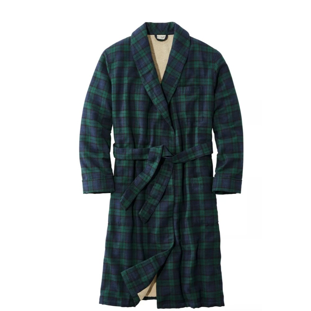 LL Bean - Mens Med - Fleece Lined Flannel Bath Robe-Scotch Plaid- Navy Green